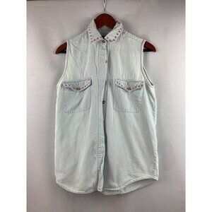 Vintage Sleeveless Denim Blouse With Red X Stitch Size M Solutions Brand